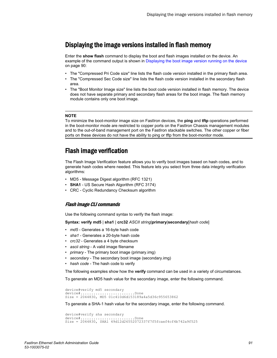 Flash image verification, Flash image cli commands | Brocade FastIron Ethernet Switch Administration Guide User Manual | Page 91 / 362