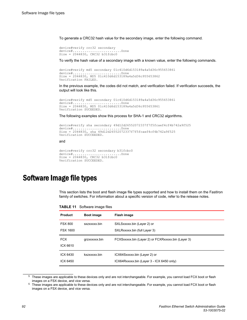 Software image file types | Brocade FastIron Ethernet Switch Administration Guide User Manual | Page 92 / 362