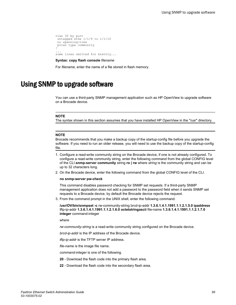 Using snmp to upgrade software | Brocade FastIron Ethernet Switch Administration Guide User Manual | Page 95 / 362