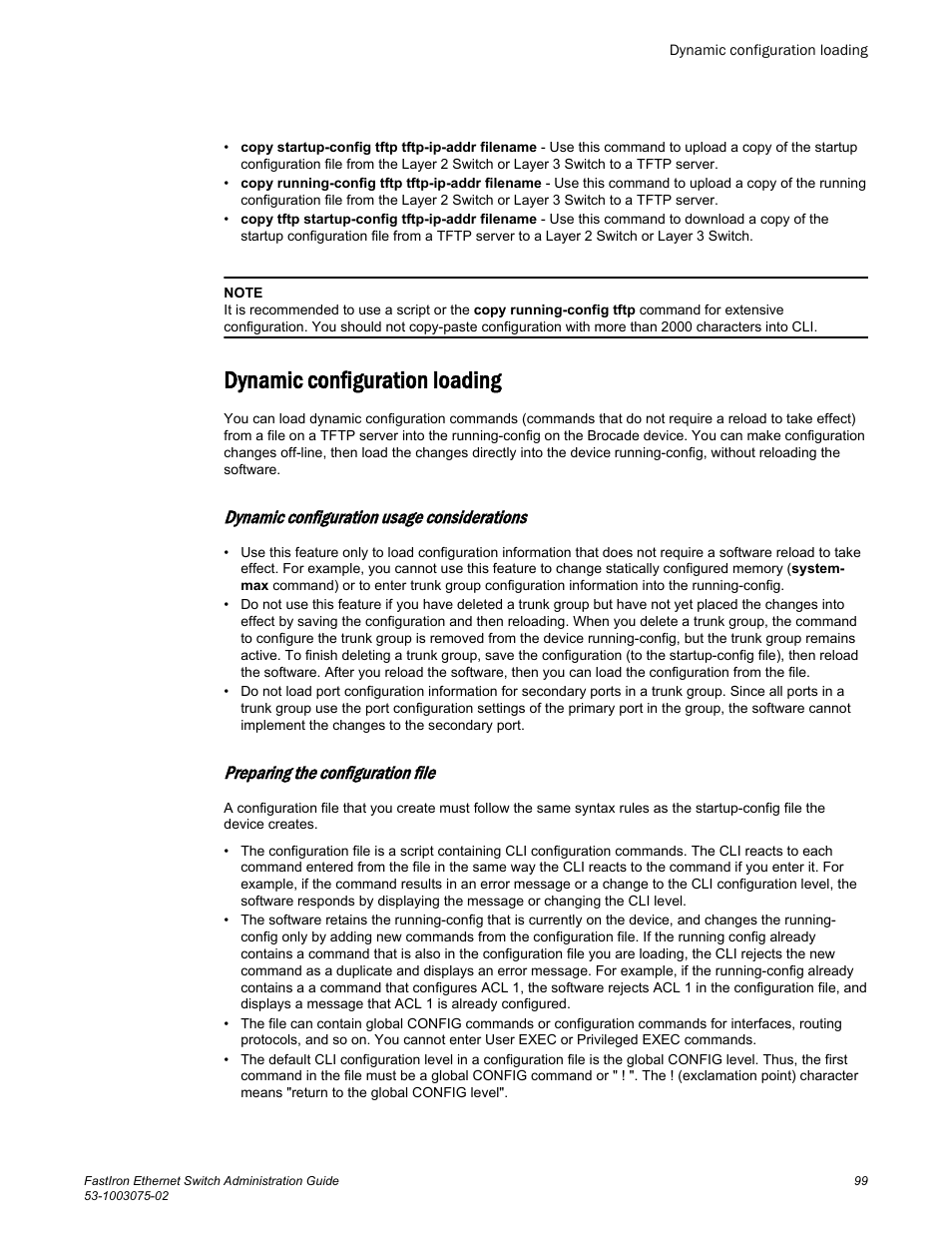 Dynamic configuration loading, Dynamic configuration usage considerations, Preparing the configuration file | Brocade FastIron Ethernet Switch Administration Guide User Manual | Page 99 / 362