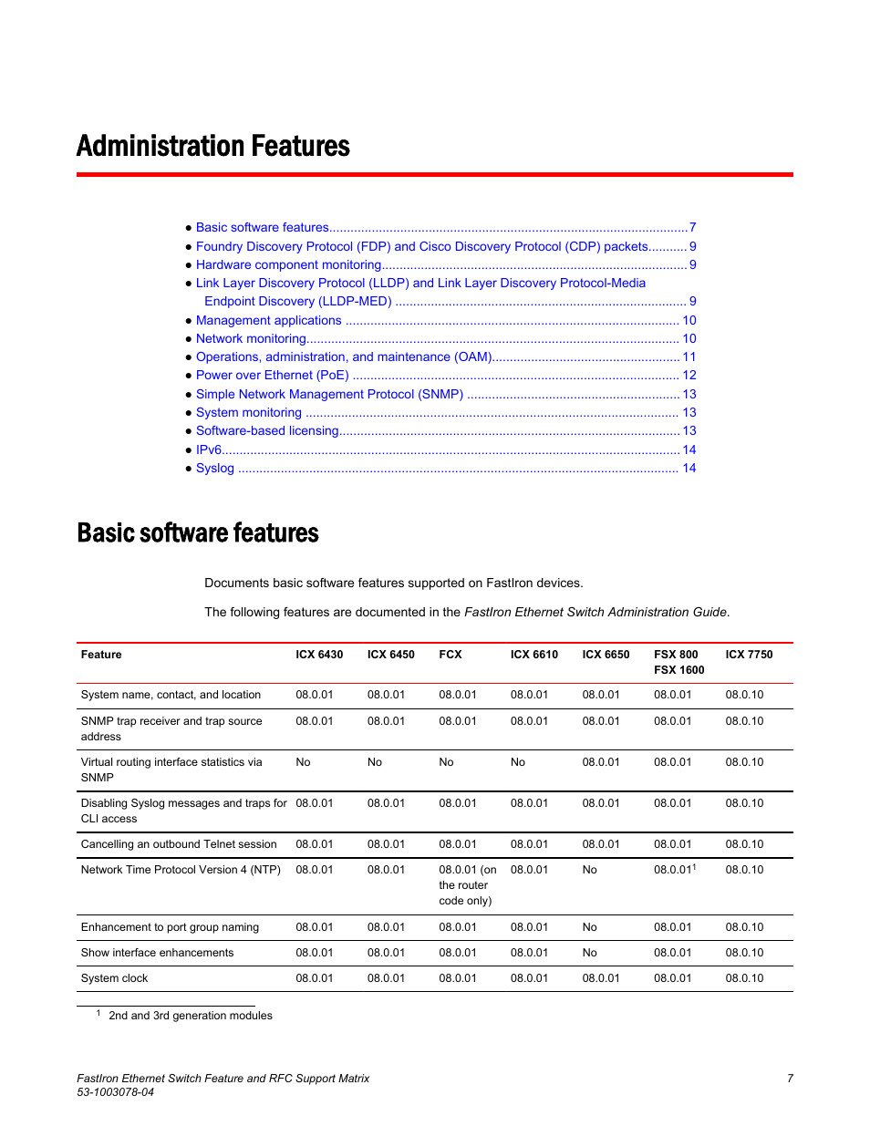 Administration features, Basic software features | Brocade FastIron Ethernet Switch Feature and RFC Support Matrix User Manual | Page 7 / 66