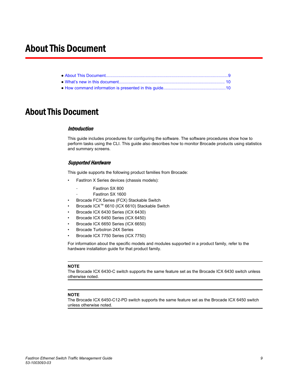 About this document, Introduction, Supported hardware | Brocade FastIron Ethernet Switch Traffic Management Guide User Manual | Page 11 / 100
