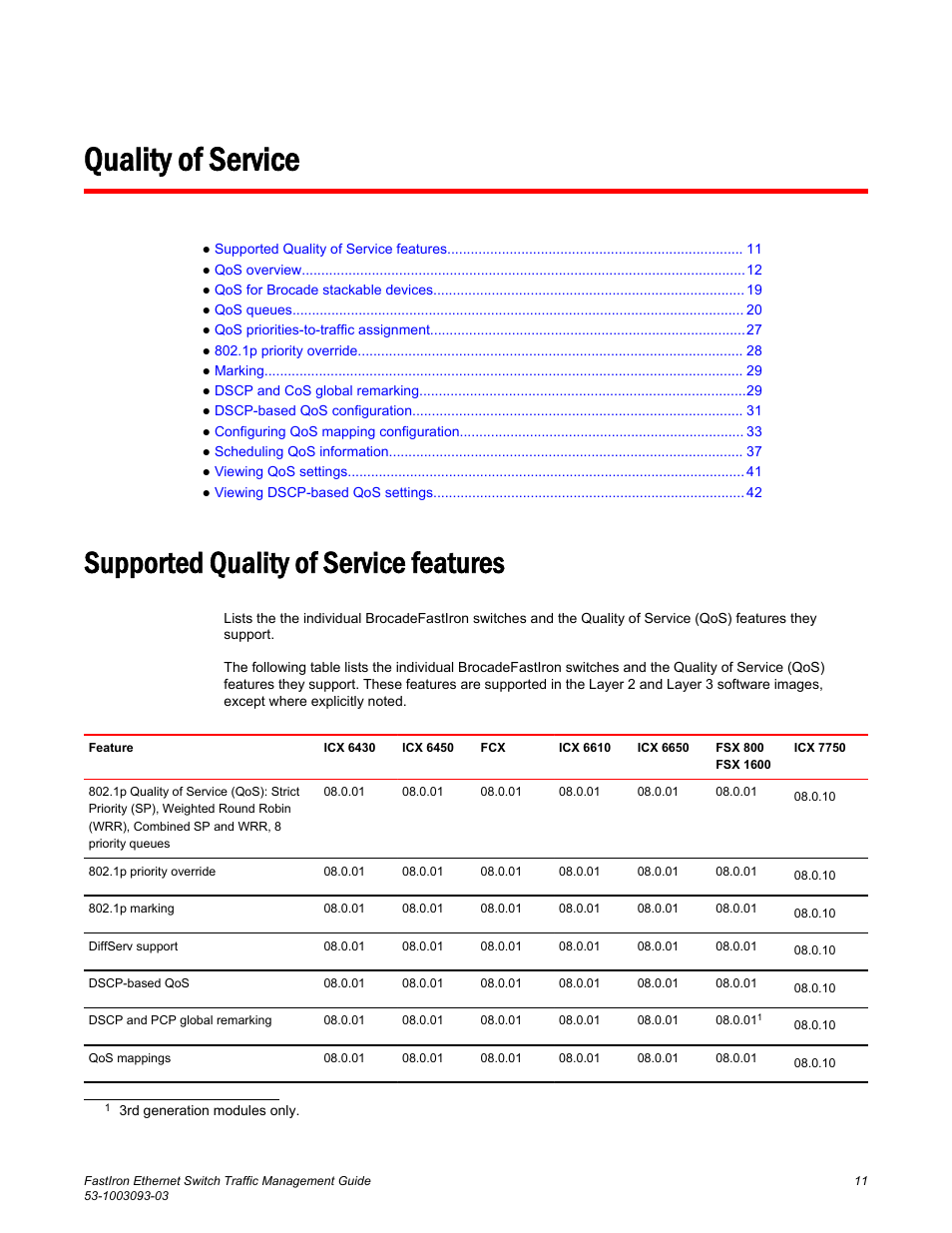 Quality of service, Supported quality of service features | Brocade FastIron Ethernet Switch Traffic Management Guide User Manual | Page 13 / 100