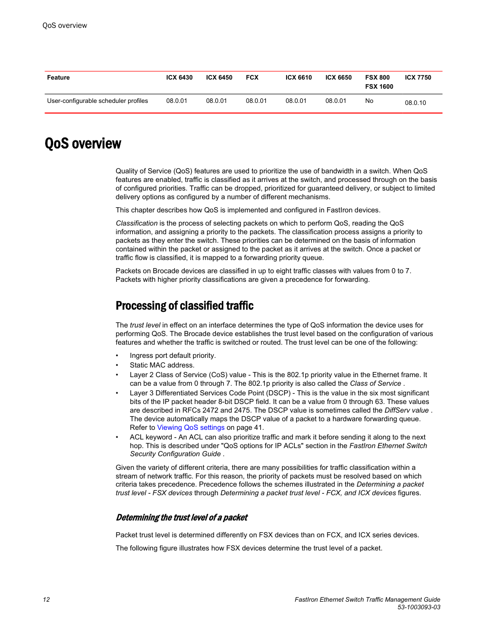 Qos overview, Processing of classified traffic, Determining the trust level of a packet | Brocade FastIron Ethernet Switch Traffic Management Guide User Manual | Page 14 / 100