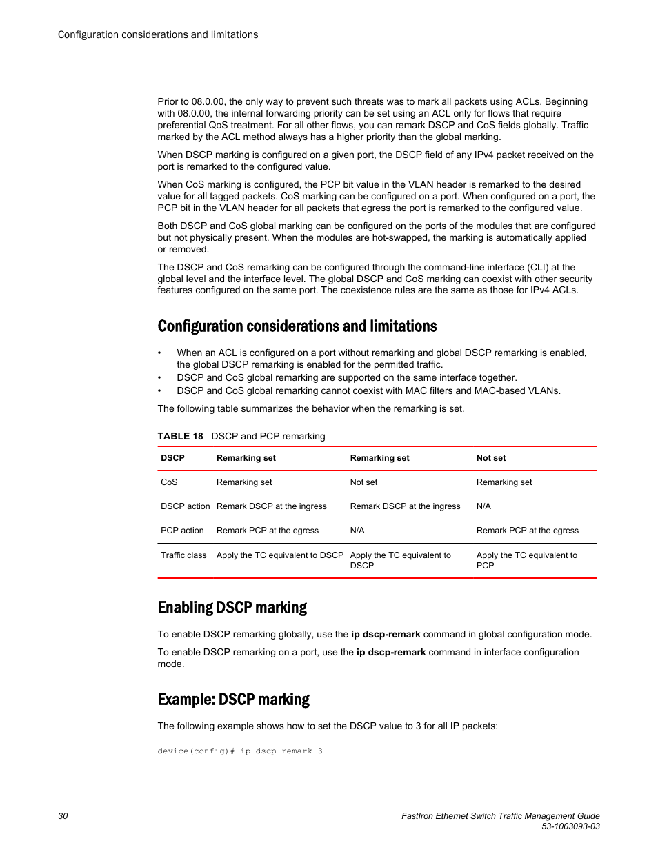 Configuration considerations and limitations, Enabling dscp marking, Example: dscp marking | Brocade FastIron Ethernet Switch Traffic Management Guide User Manual | Page 32 / 100