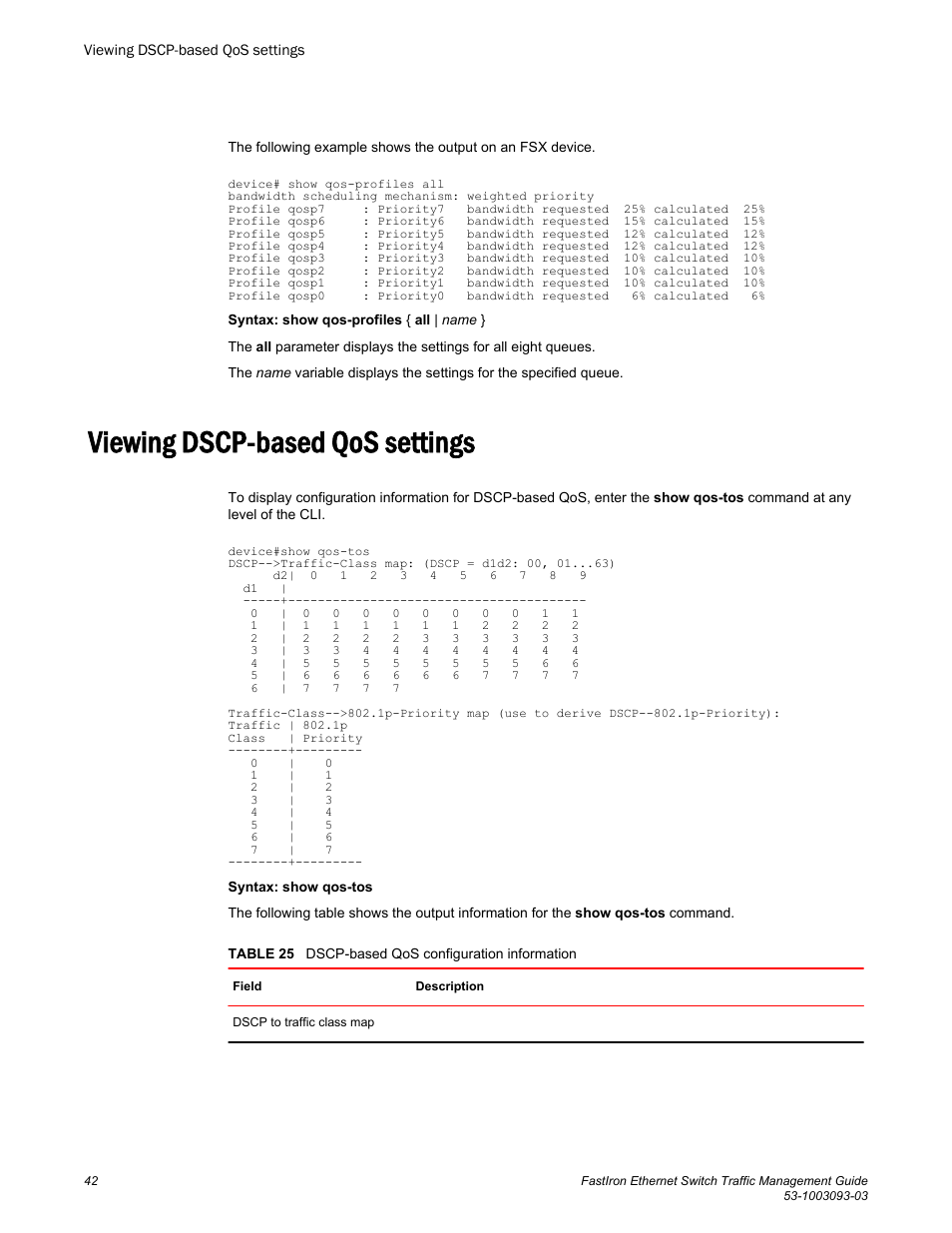 Viewing dscp-based qos settings | Brocade FastIron Ethernet Switch Traffic Management Guide User Manual | Page 44 / 100