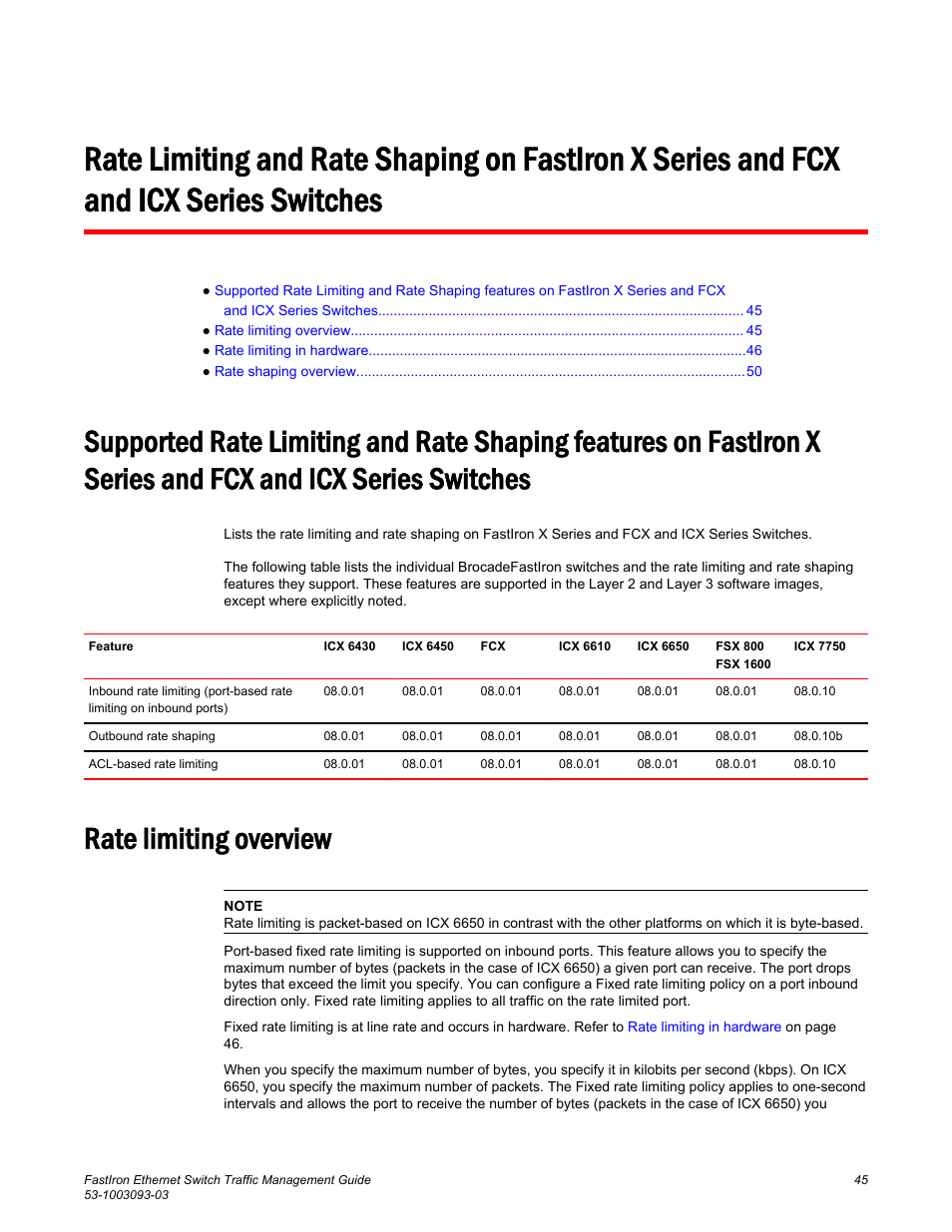 Rate limiting overview, Series and fcx and icx series switches | Brocade FastIron Ethernet Switch Traffic Management Guide User Manual | Page 47 / 100