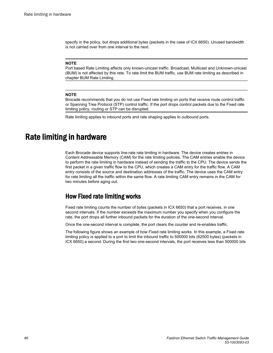 Rate limiting in hardware, How fixed rate limiting works | Brocade FastIron Ethernet Switch Traffic Management Guide User Manual | Page 48 / 100