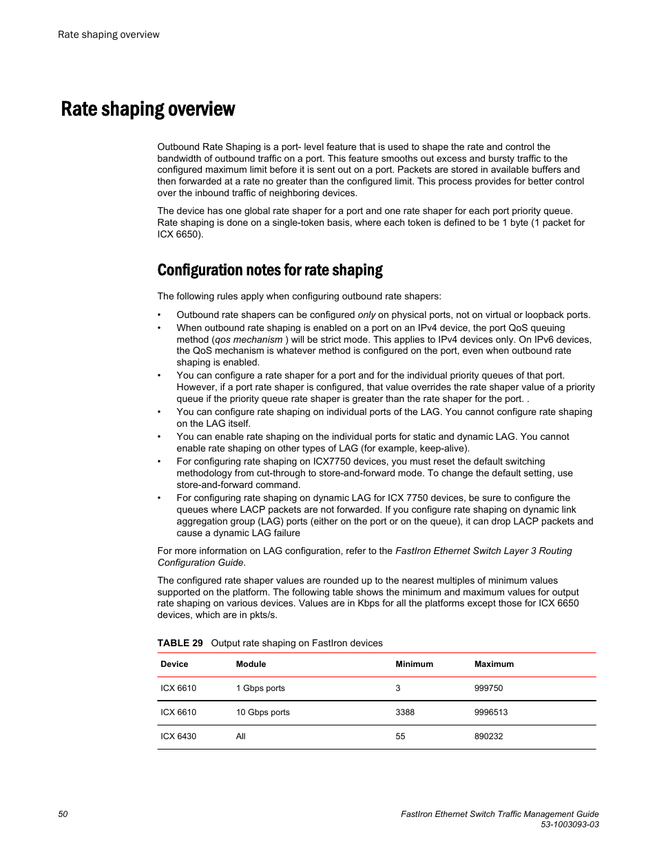 Rate shaping overview, Configuration notes for rate shaping, Configuration notes for rate | Shaping | Brocade FastIron Ethernet Switch Traffic Management Guide User Manual | Page 52 / 100