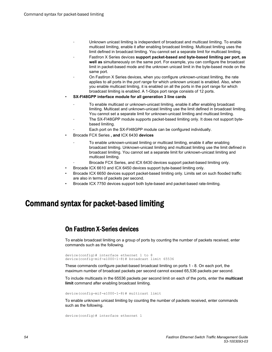 Command syntax for packet-based limiting, On fastiron x-series devices | Brocade FastIron Ethernet Switch Traffic Management Guide User Manual | Page 56 / 100