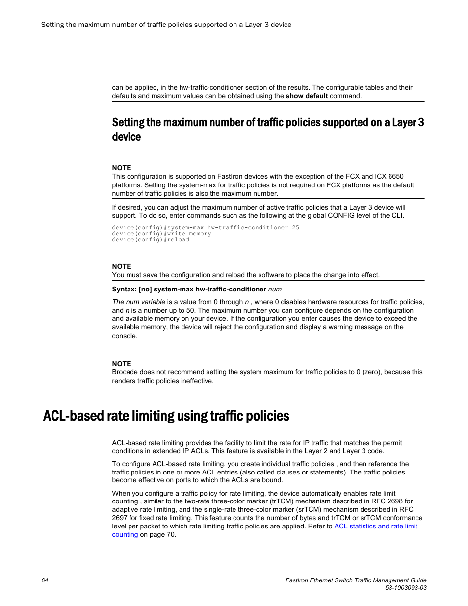 Acl-based rate limiting using traffic policies, Layer 3 device | Brocade FastIron Ethernet Switch Traffic Management Guide User Manual | Page 66 / 100