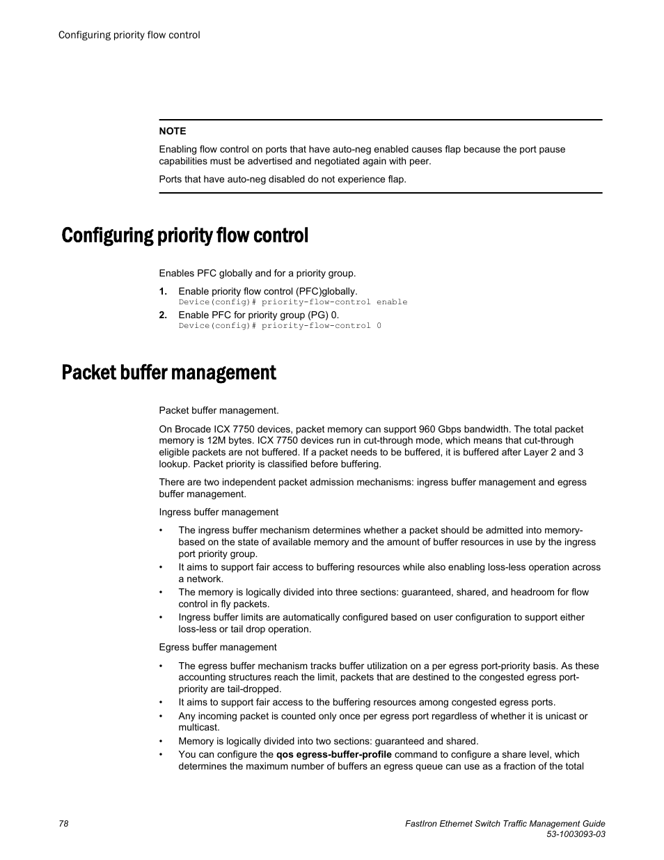 Configuring priority flow control, Packet buffer management | Brocade FastIron Ethernet Switch Traffic Management Guide User Manual | Page 80 / 100