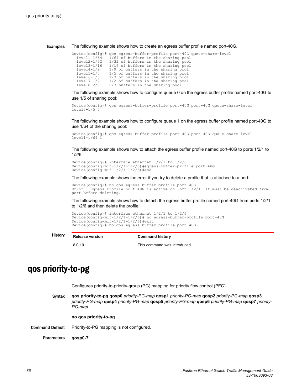 Qos priority-to-pg | Brocade FastIron Ethernet Switch Traffic Management Guide User Manual | Page 88 / 100