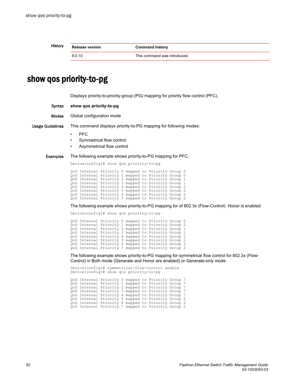 Show qos priority-to-pg | Brocade FastIron Ethernet Switch Traffic Management Guide User Manual | Page 94 / 100