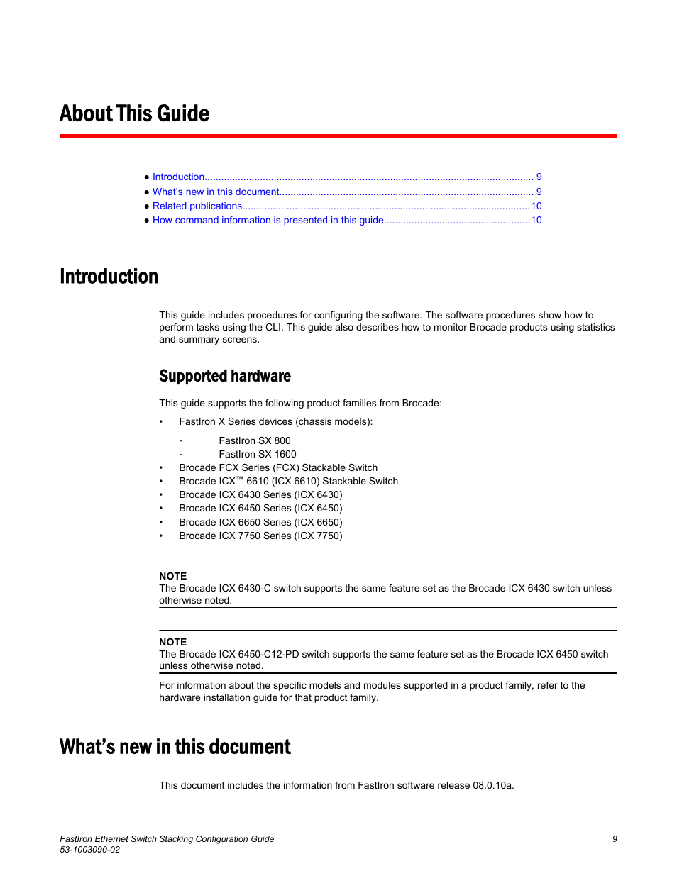 About this guide, Introduction, Supported hardware | What’s new in this document | Brocade FastIron Ethernet Switch Stacking Configuration Guide User Manual | Page 11 / 160