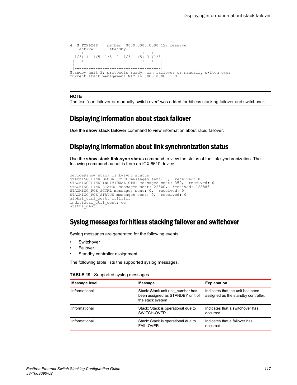 Displaying information about stack failover | Brocade FastIron Ethernet Switch Stacking Configuration Guide User Manual | Page 119 / 160