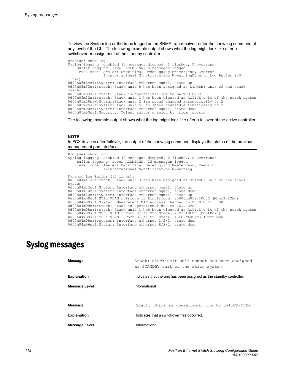 Syslog messages | Brocade FastIron Ethernet Switch Stacking Configuration Guide User Manual | Page 120 / 160