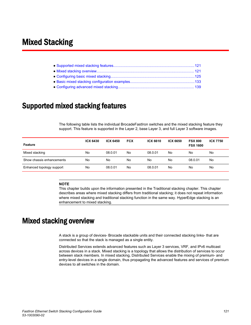 Mixed stacking, Supported mixed stacking features, Mixed stacking overview | Brocade FastIron Ethernet Switch Stacking Configuration Guide User Manual | Page 123 / 160