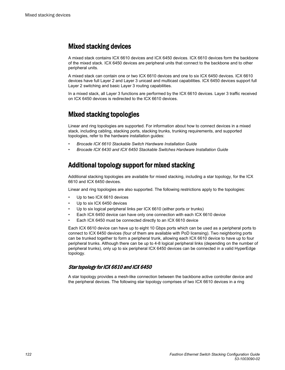 Mixed stacking devices, Mixed stacking topologies, Additional topology support for mixed stacking | Brocade FastIron Ethernet Switch Stacking Configuration Guide User Manual | Page 124 / 160