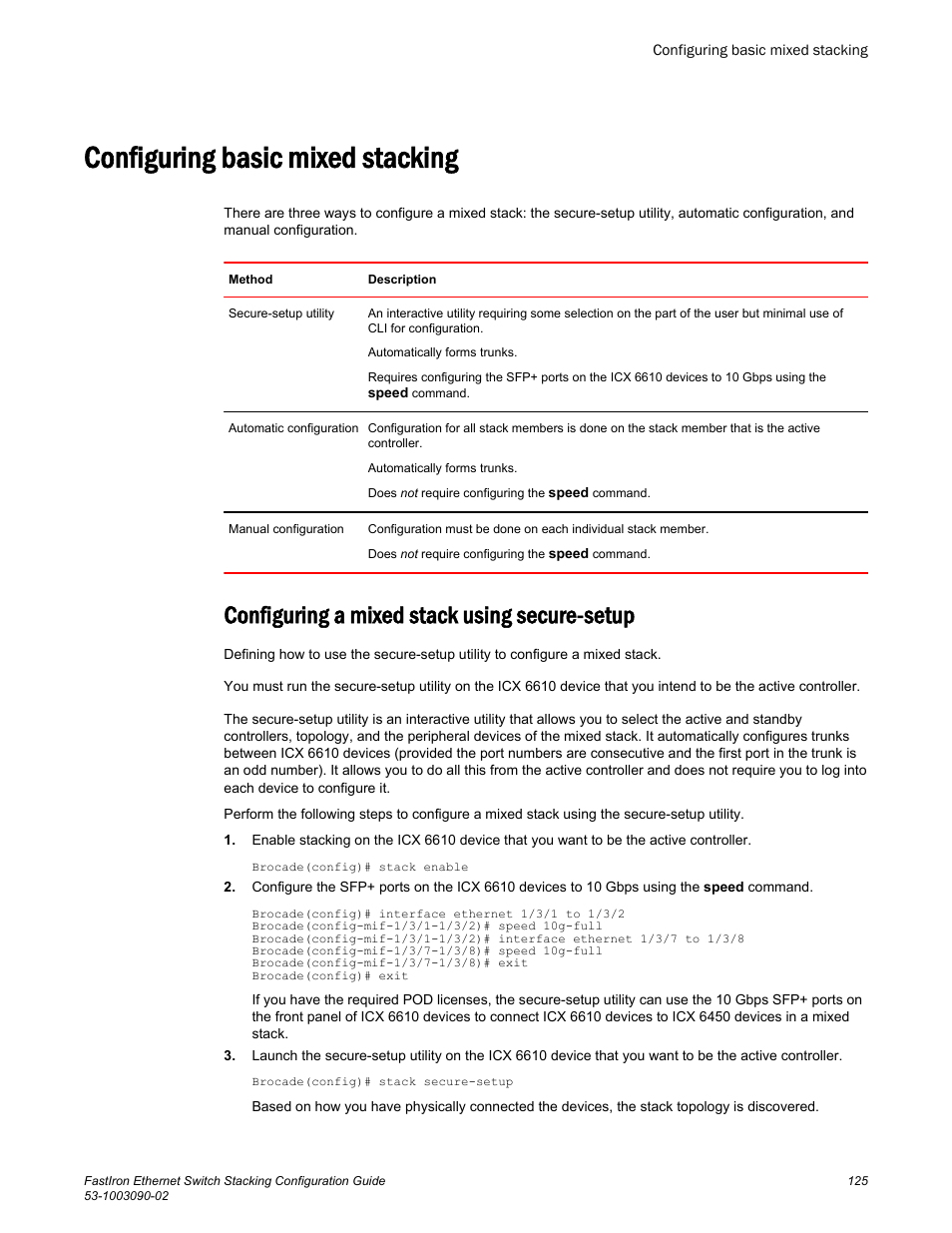 Configuring basic mixed stacking, Configuring a mixed stack using secure-setup | Brocade FastIron Ethernet Switch Stacking Configuration Guide User Manual | Page 127 / 160