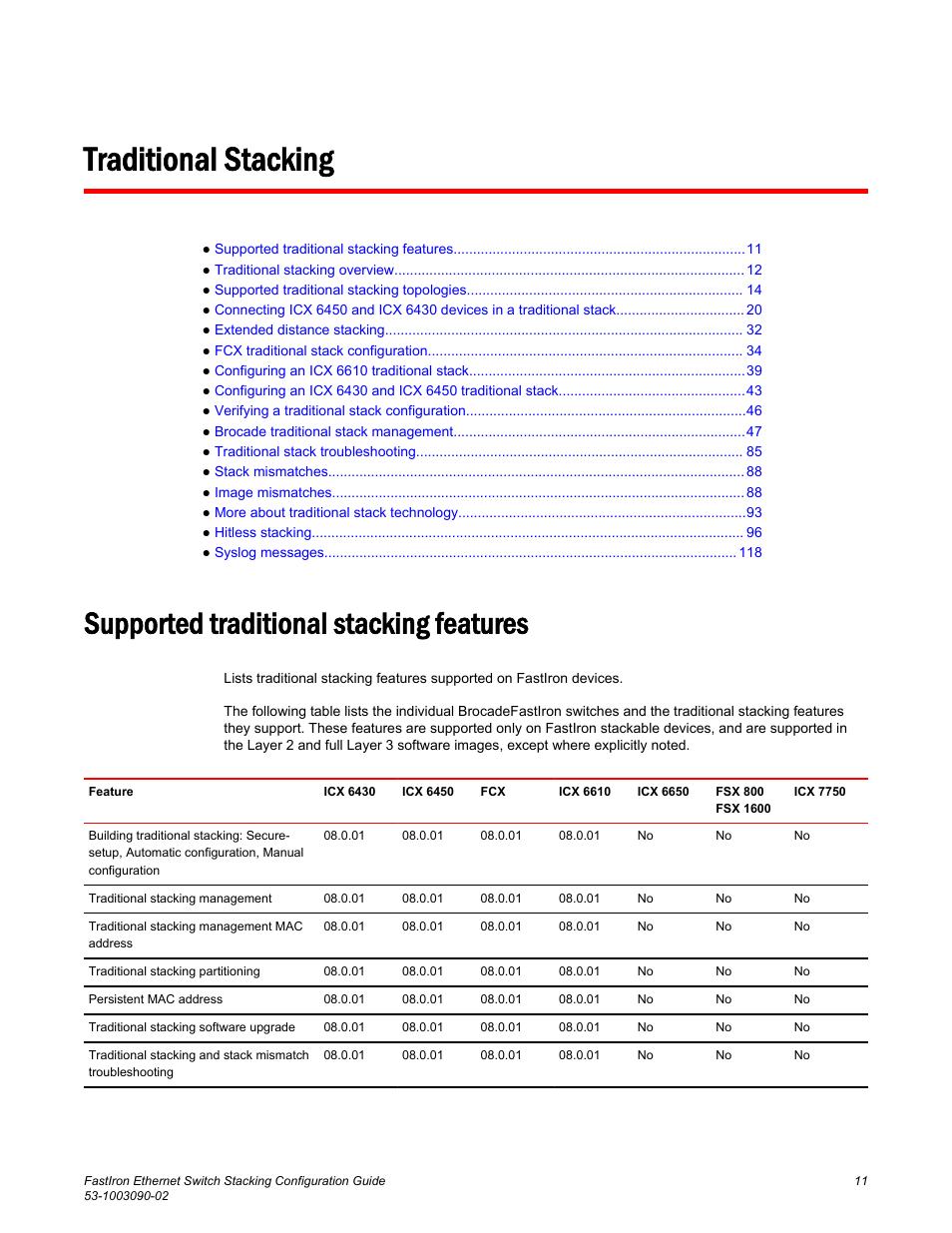 Traditional stacking, Supported traditional stacking features | Brocade FastIron Ethernet Switch Stacking Configuration Guide User Manual | Page 13 / 160