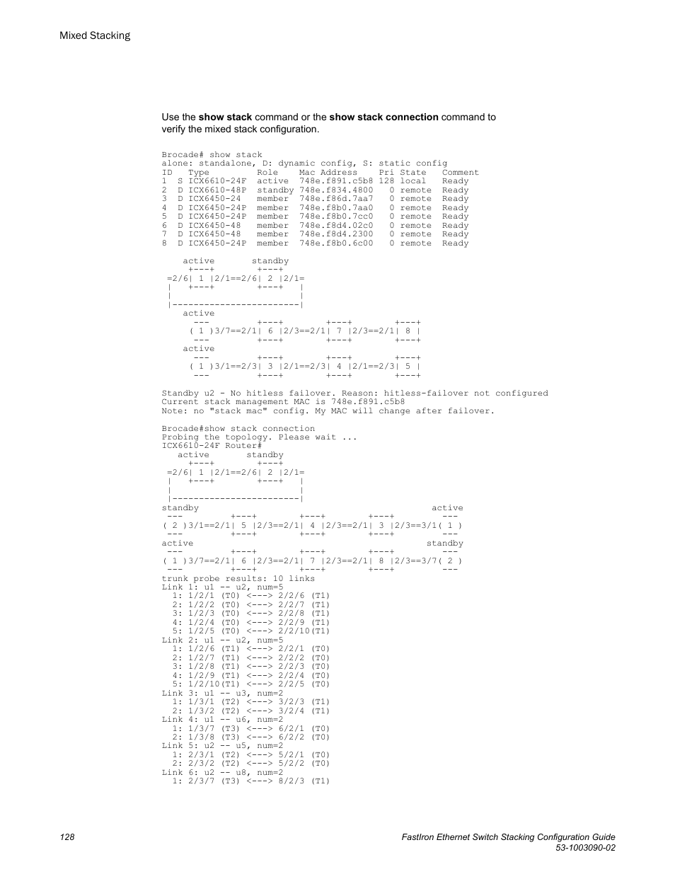 Brocade FastIron Ethernet Switch Stacking Configuration Guide User Manual | Page 130 / 160