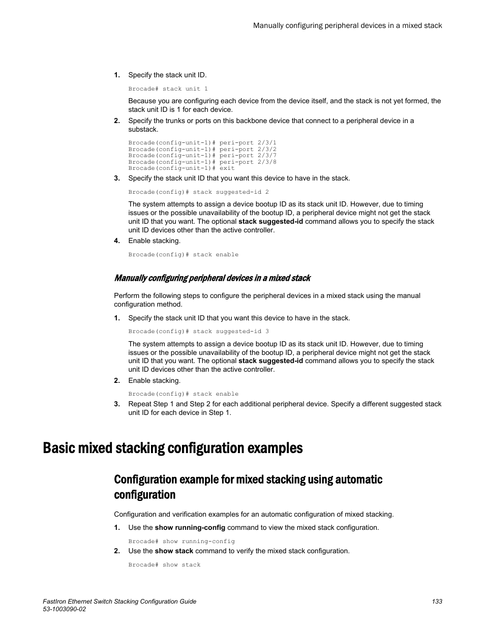 Basic mixed stacking configuration examples, Configuration | Brocade FastIron Ethernet Switch Stacking Configuration Guide User Manual | Page 135 / 160