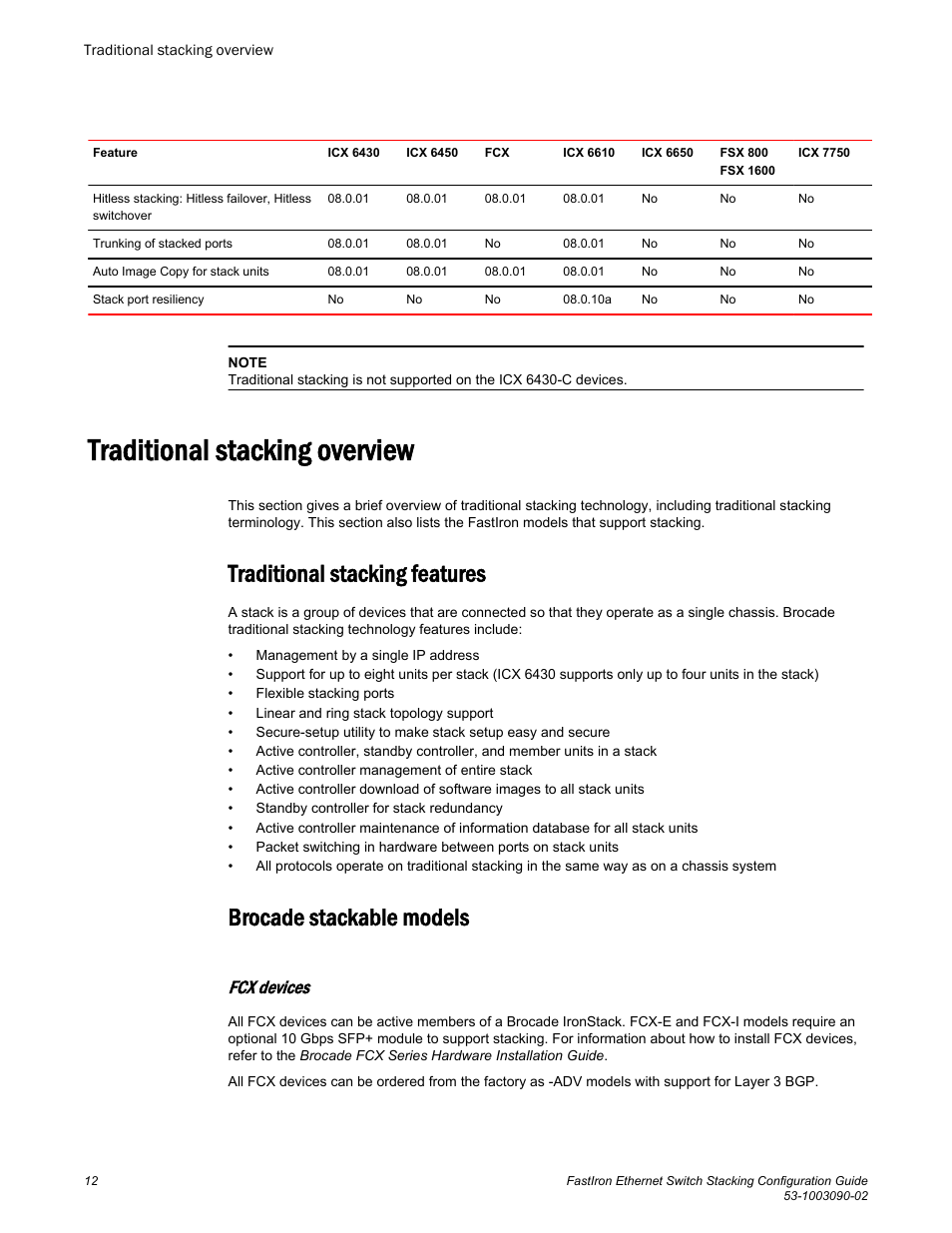 Traditional stacking overview, Traditional stacking features, Brocade stackable models | Fcx devices | Brocade FastIron Ethernet Switch Stacking Configuration Guide User Manual | Page 14 / 160