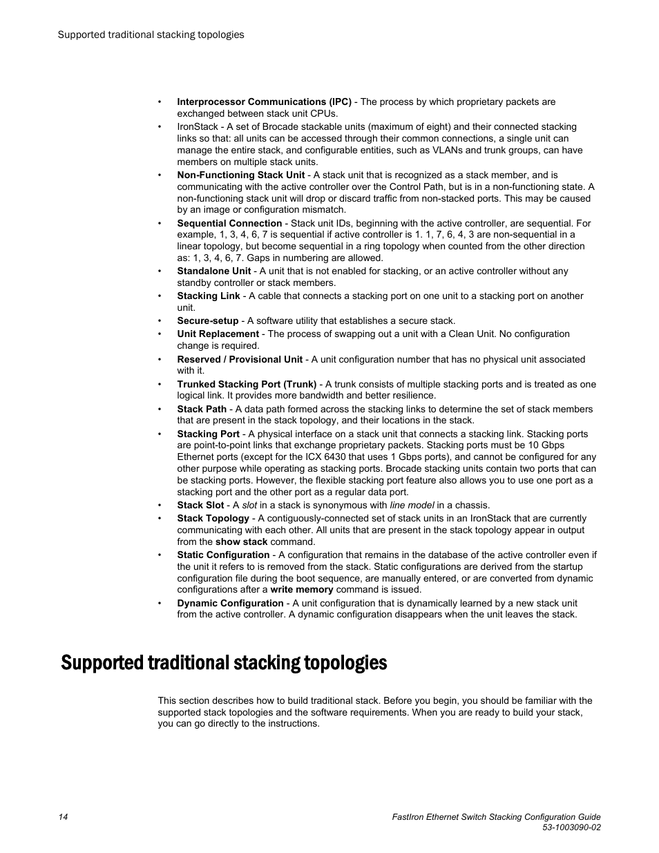 Supported traditional stacking topologies | Brocade FastIron Ethernet Switch Stacking Configuration Guide User Manual | Page 16 / 160