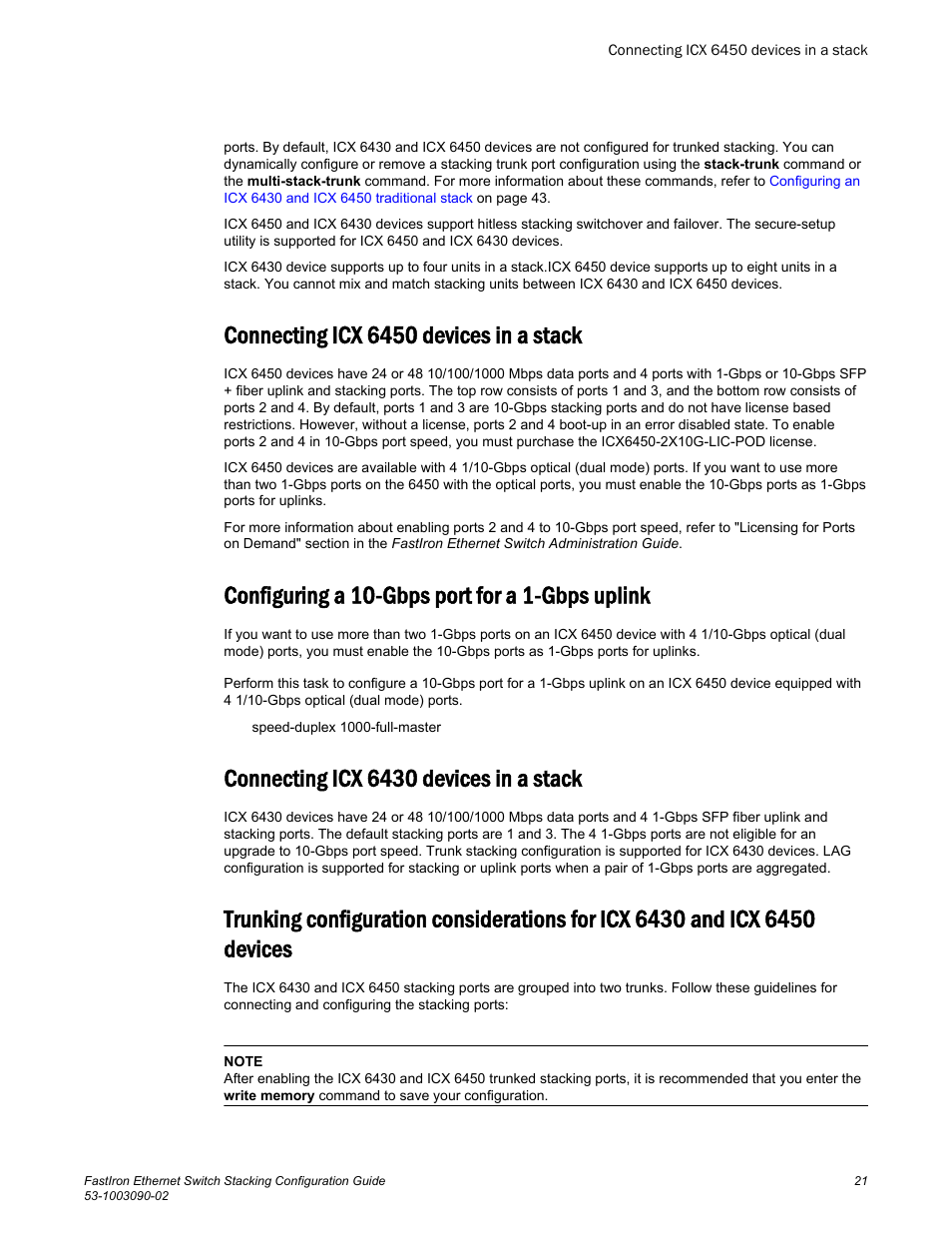 Connecting icx 6450 devices in a stack, Configuring a 10-gbps port for a 1-gbps uplink, Connecting icx 6430 devices in a stack | 6450 devices | Brocade FastIron Ethernet Switch Stacking Configuration Guide User Manual | Page 23 / 160