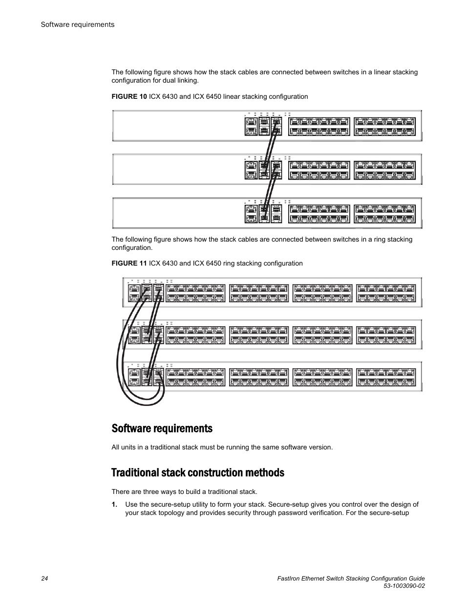 Software requirements, Traditional stack construction methods | Brocade FastIron Ethernet Switch Stacking Configuration Guide User Manual | Page 26 / 160