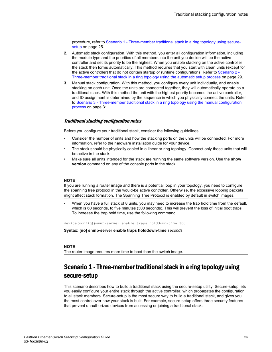 Traditional stacking configuration notes, Using secure-setup | Brocade FastIron Ethernet Switch Stacking Configuration Guide User Manual | Page 27 / 160