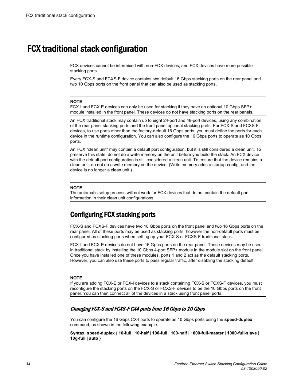 Fcx traditional stack configuration, Configuring fcx stacking ports | Brocade FastIron Ethernet Switch Stacking Configuration Guide User Manual | Page 36 / 160