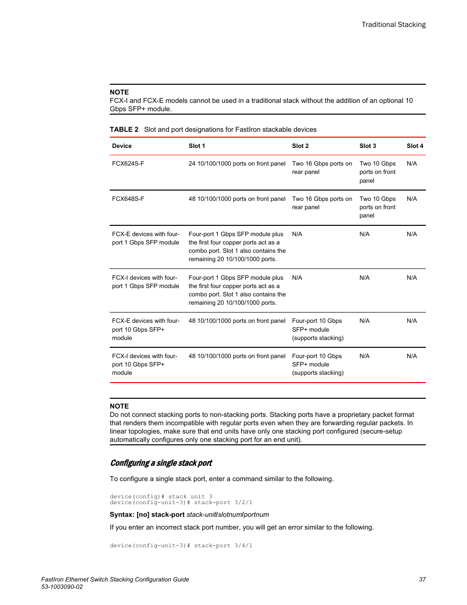 Configuring a single stack port | Brocade FastIron Ethernet Switch Stacking Configuration Guide User Manual | Page 39 / 160