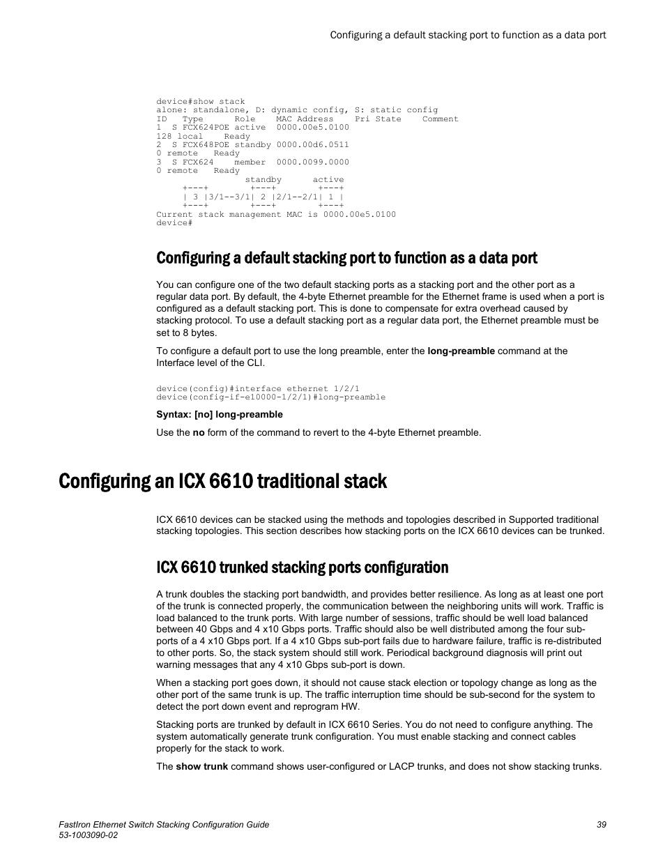 Configuring an icx 6610 traditional stack, Icx 6610 trunked stacking ports configuration | Brocade FastIron Ethernet Switch Stacking Configuration Guide User Manual | Page 41 / 160