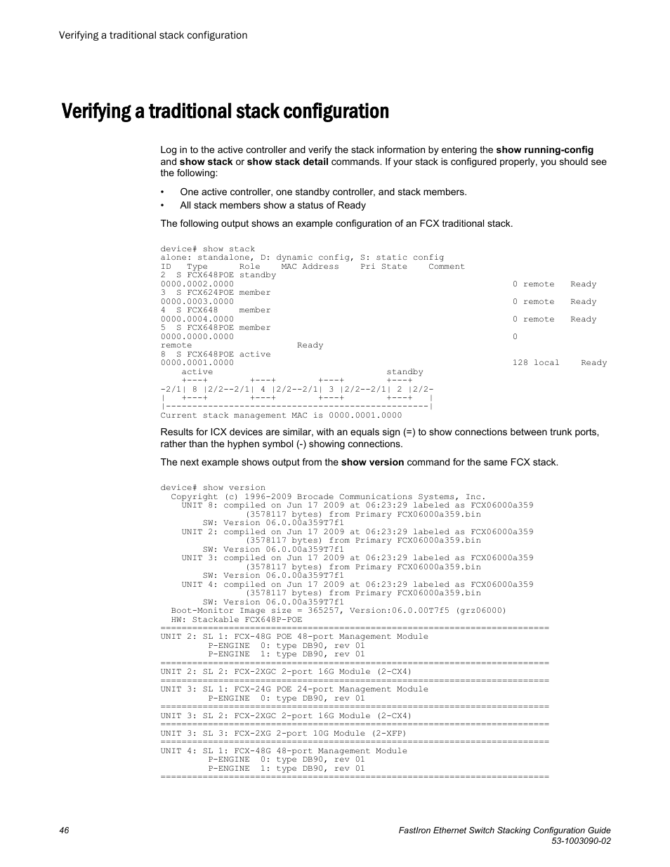 Verifying a traditional stack configuration | Brocade FastIron Ethernet Switch Stacking Configuration Guide User Manual | Page 48 / 160