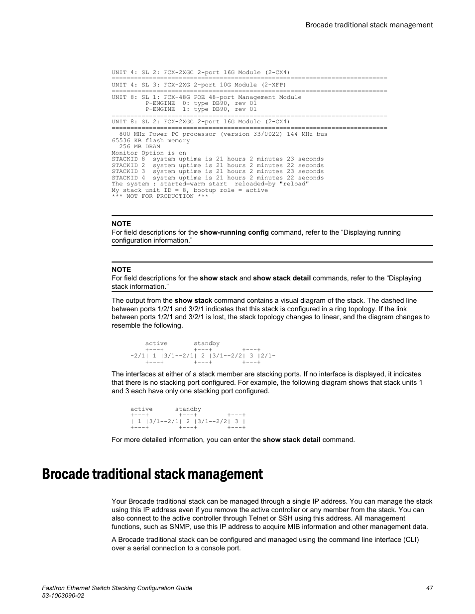 Brocade traditional stack management | Brocade FastIron Ethernet Switch Stacking Configuration Guide User Manual | Page 49 / 160