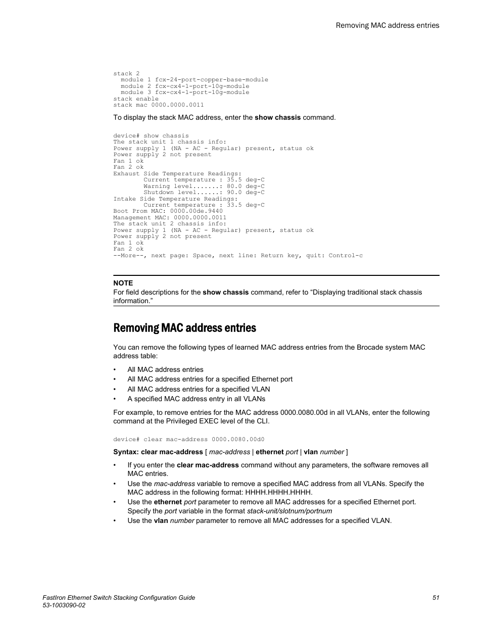 Removing mac address entries | Brocade FastIron Ethernet Switch Stacking Configuration Guide User Manual | Page 53 / 160