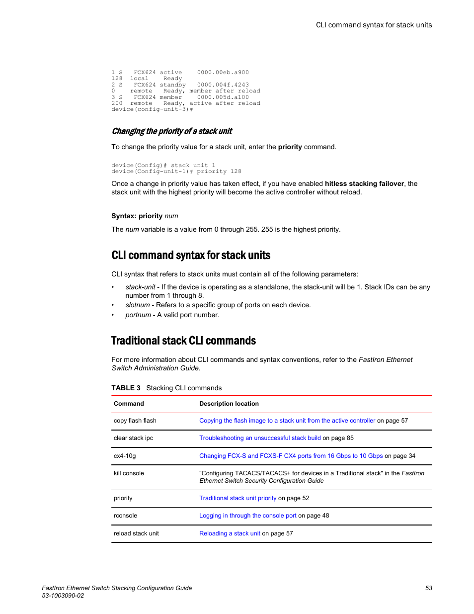 Cli command syntax for stack units, Traditional stack cli commands, Changing the priority of a stack unit | Brocade FastIron Ethernet Switch Stacking Configuration Guide User Manual | Page 55 / 160