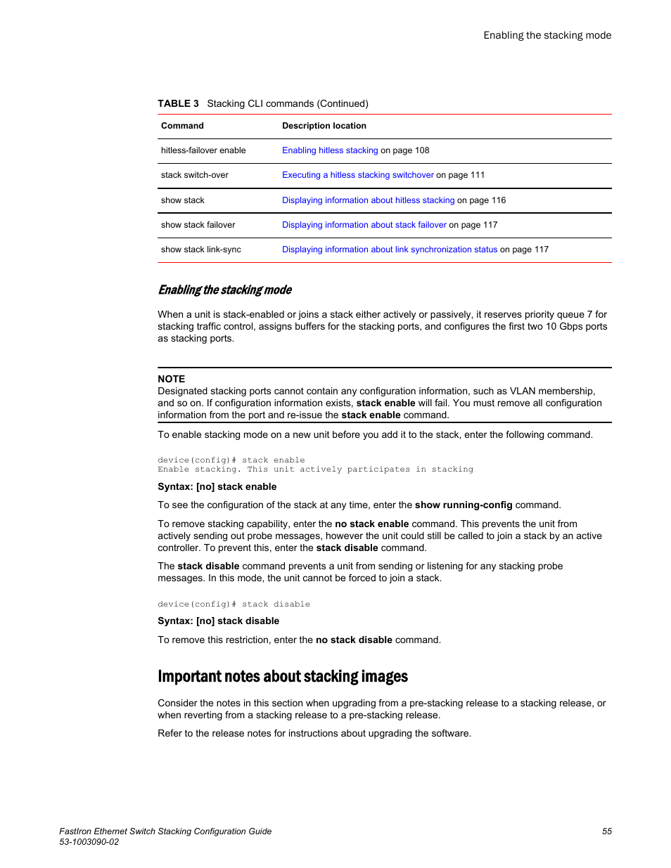 Enabling the stacking mode, Important notes about stacking images | Brocade FastIron Ethernet Switch Stacking Configuration Guide User Manual | Page 57 / 160