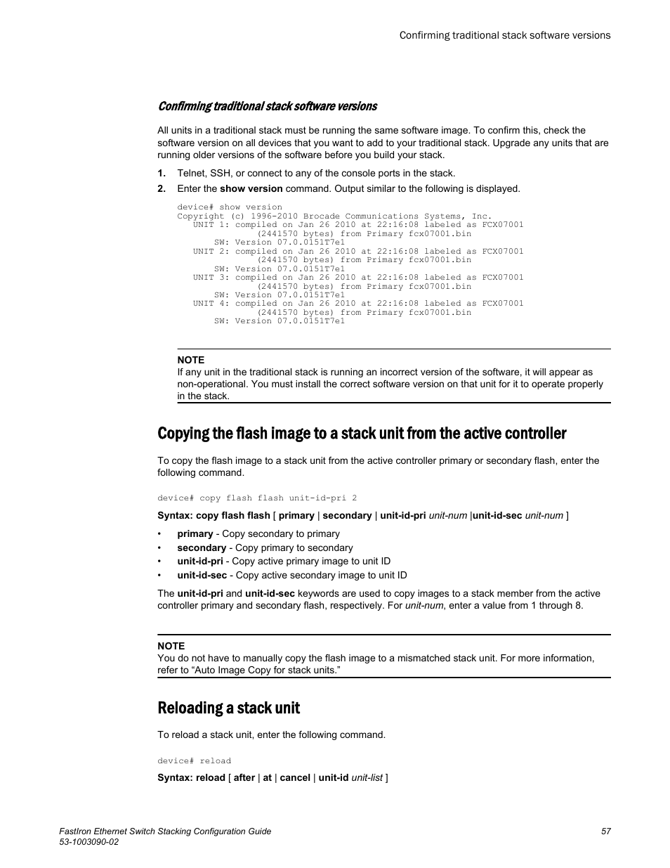 Confirming traditional stack software versions, Reloading a stack unit | Brocade FastIron Ethernet Switch Stacking Configuration Guide User Manual | Page 59 / 160