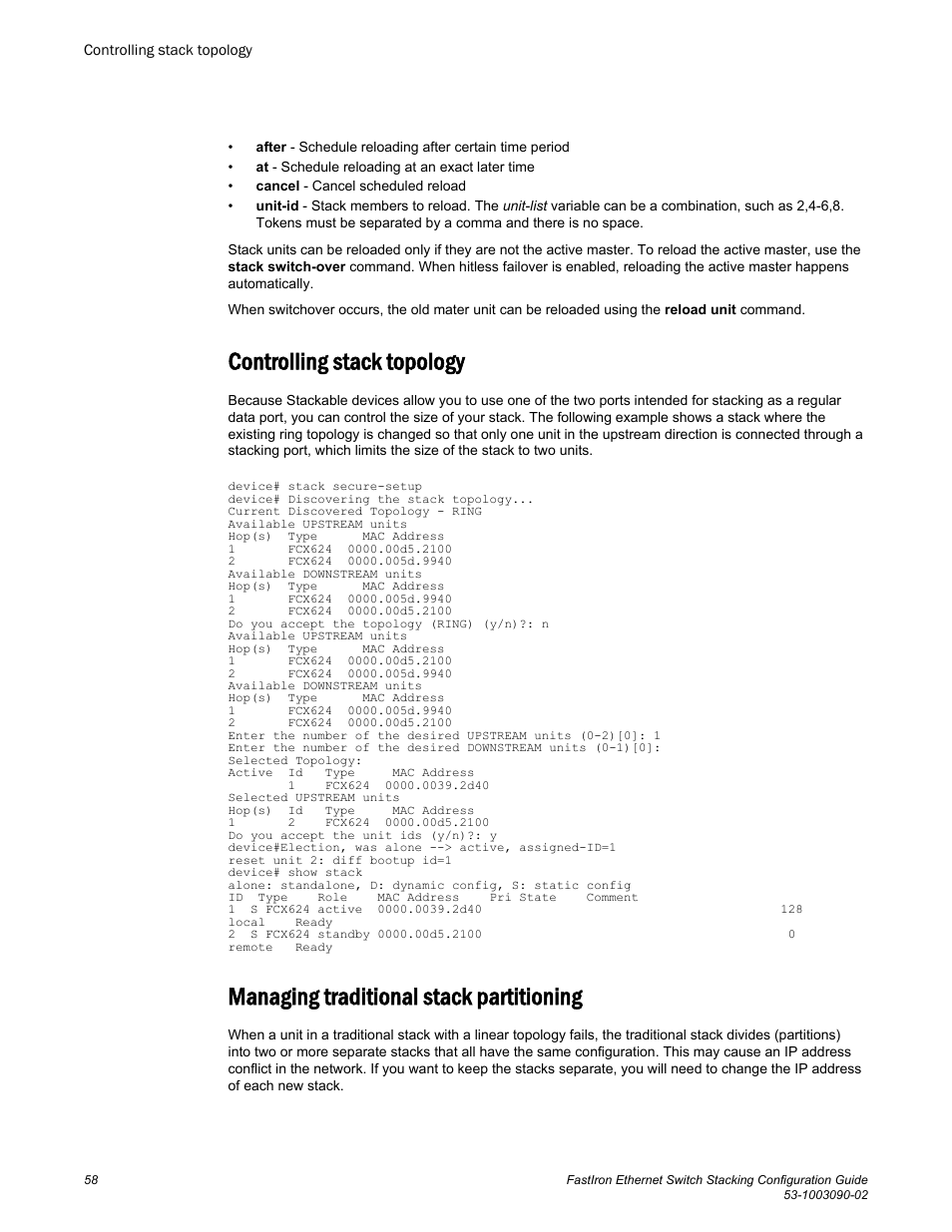 Controlling stack topology, Managing traditional stack partitioning | Brocade FastIron Ethernet Switch Stacking Configuration Guide User Manual | Page 60 / 160