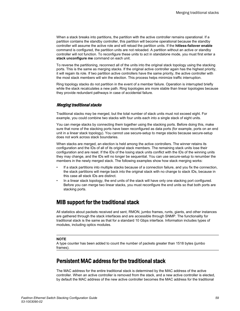 Merging traditional stacks, Mib support for the traditional stack, Persistent mac address for the traditional stack | Brocade FastIron Ethernet Switch Stacking Configuration Guide User Manual | Page 61 / 160