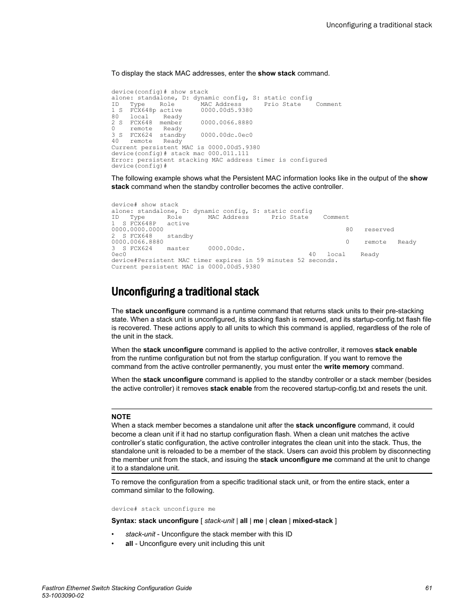 Unconfiguring a traditional stack | Brocade FastIron Ethernet Switch Stacking Configuration Guide User Manual | Page 63 / 160