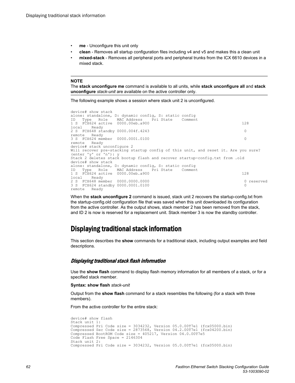 Displaying traditional stack information, Displaying traditional stack flash information | Brocade FastIron Ethernet Switch Stacking Configuration Guide User Manual | Page 64 / 160