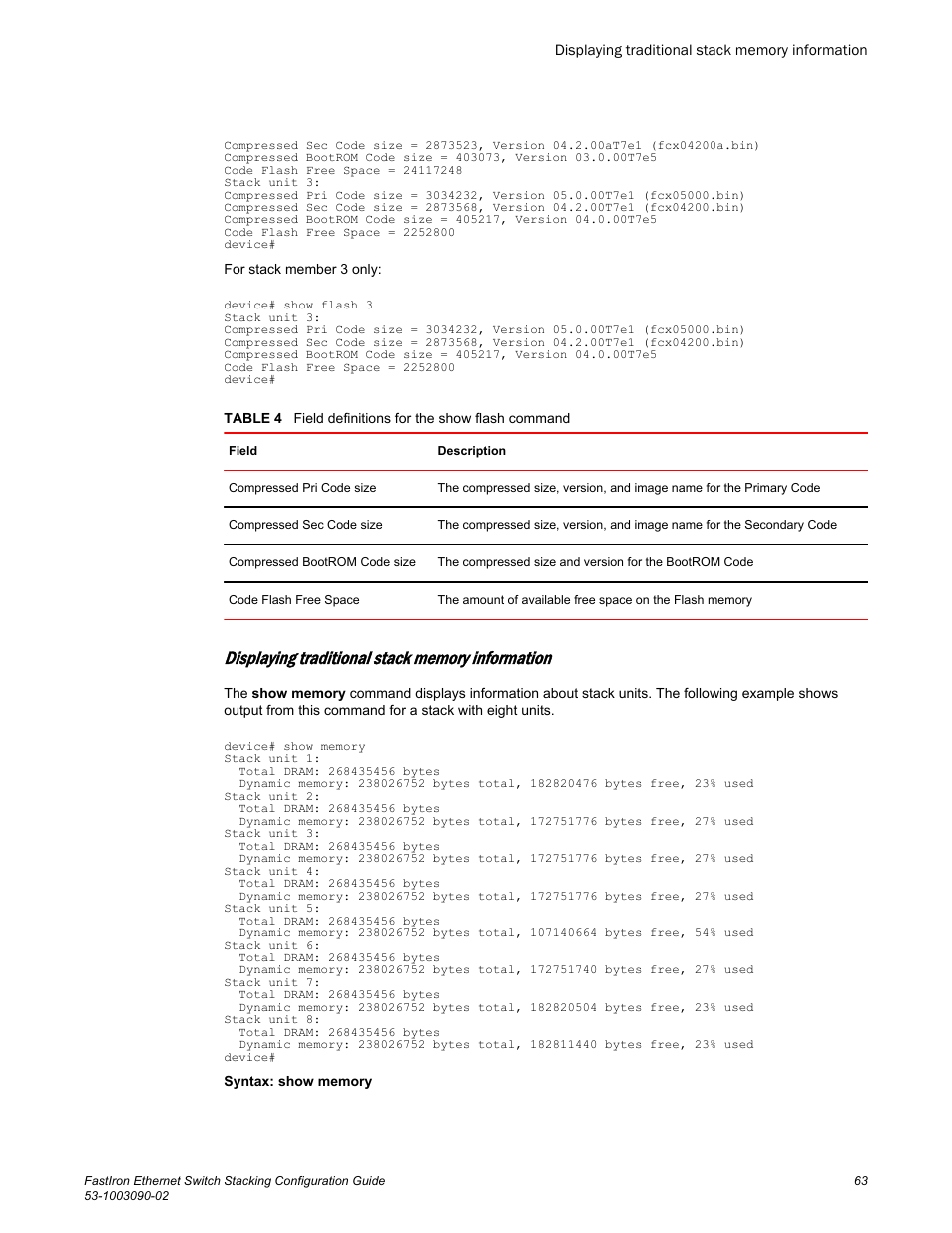 Displaying traditional stack memory information | Brocade FastIron Ethernet Switch Stacking Configuration Guide User Manual | Page 65 / 160