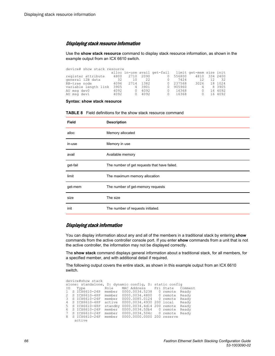 Displaying stack resource information, Displaying stack information | Brocade FastIron Ethernet Switch Stacking Configuration Guide User Manual | Page 68 / 160