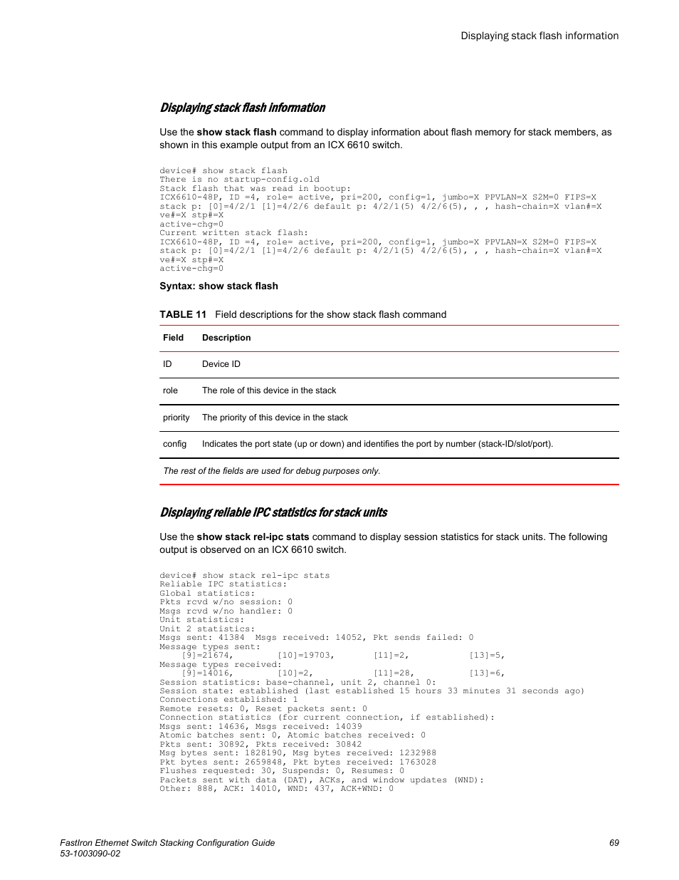 Displaying stack flash information, Displaying reliable ipc statistics for stack units | Brocade FastIron Ethernet Switch Stacking Configuration Guide User Manual | Page 71 / 160