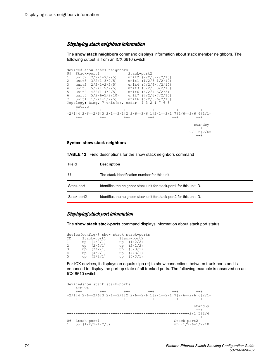 Displaying stack neighbors information, Displaying stack port information | Brocade FastIron Ethernet Switch Stacking Configuration Guide User Manual | Page 76 / 160