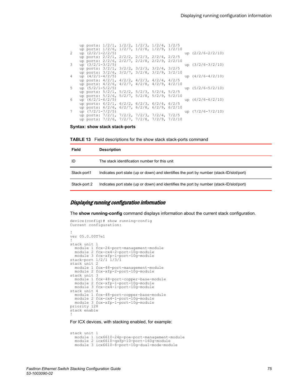 Displaying running configuration information | Brocade FastIron Ethernet Switch Stacking Configuration Guide User Manual | Page 77 / 160